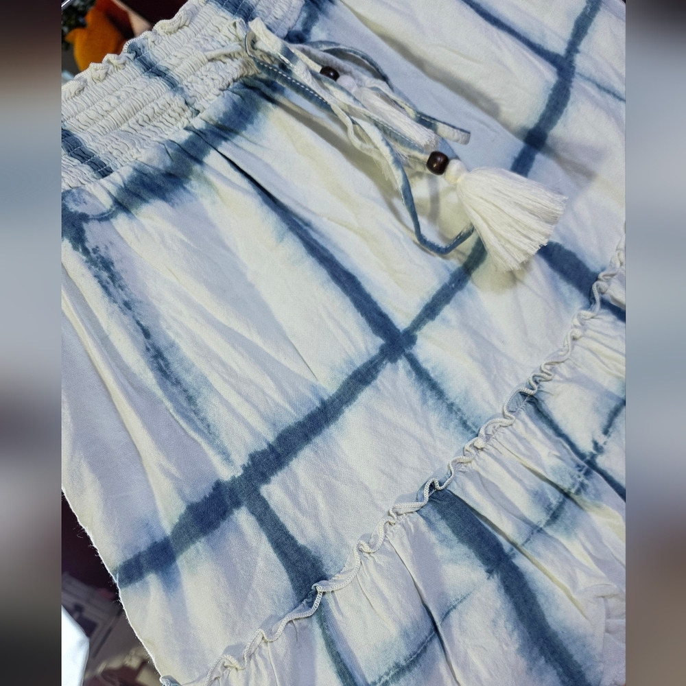 Pilcro Anthropologie Blue Tie Dye Skirt Boho Smocked Tassel Ruffle XL - Picture 3 of 8